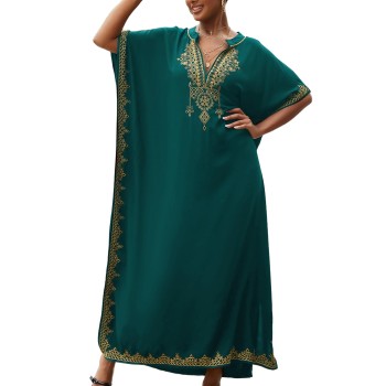 Dark Green Bohemian Floral Caftan Coverup - Plus Size Ethnic Embroidery Beachwear