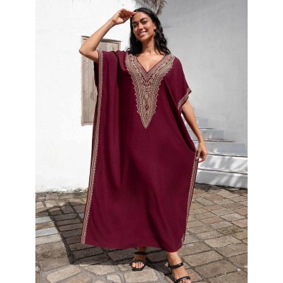 Bohemian maxi kaftan dress wine red gold geometric embroidery beach cover up