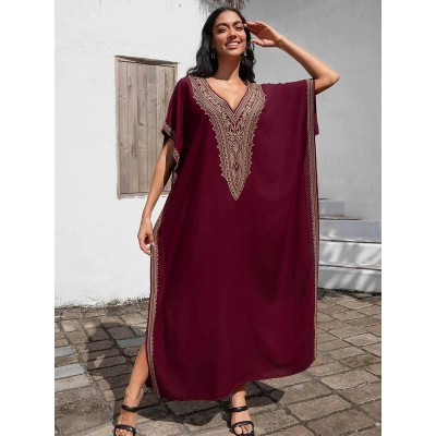Bohemian maxi kaftan dress wine red gold geometric embroidery beach cover up