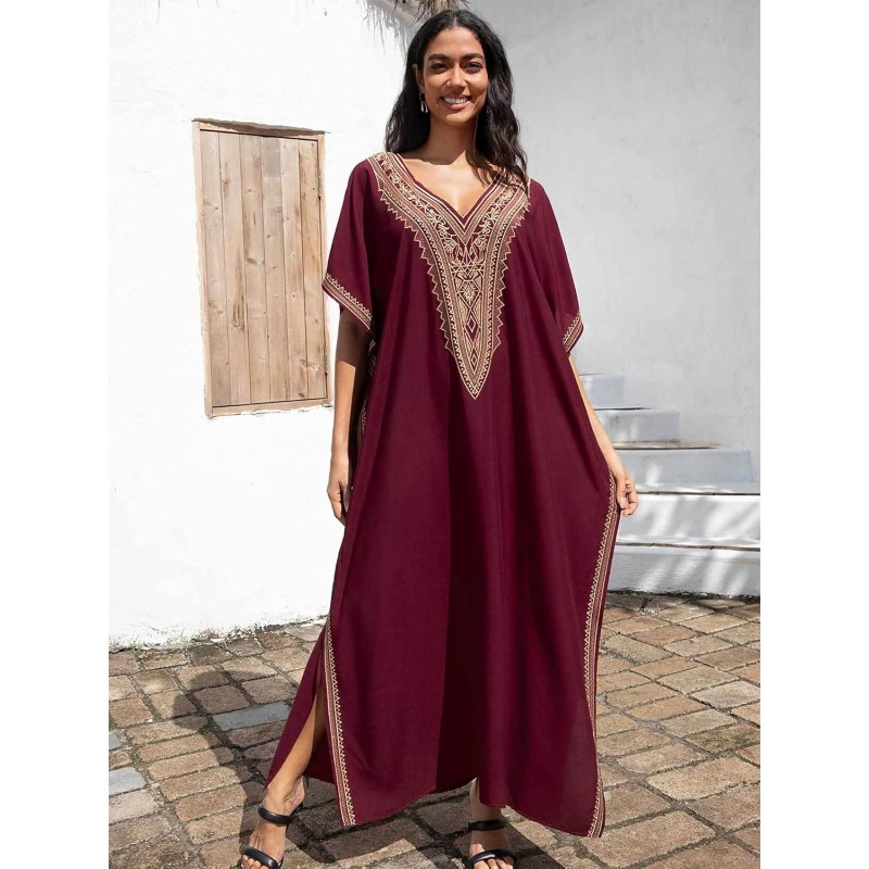 Bohemian maxi kaftan dress wine red gold geometric embroidery beach cover up