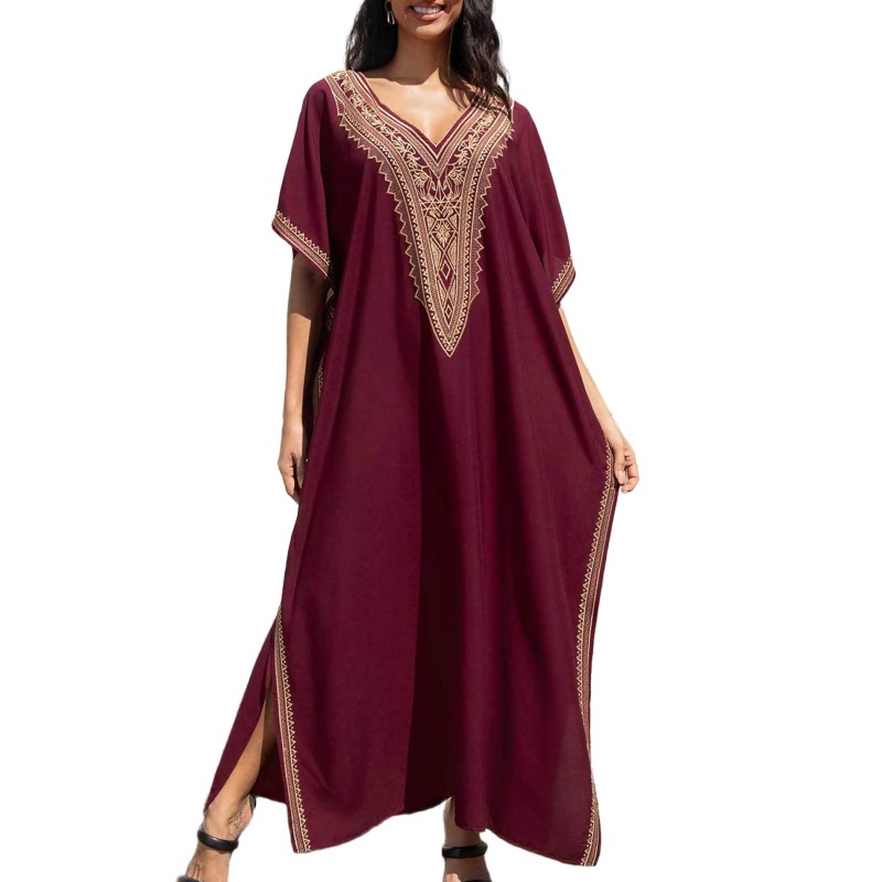 Bohemian maxi kaftan dress wine red gold geometric embroidery beach cover up