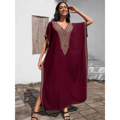 Bohemian maxi kaftan dress wine red gold geometric embroidery beach cover up