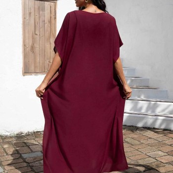 Bohemian Maxi Kaftan Dress - Wine Red Gold Geometric Embroidery Beach Cover Up
