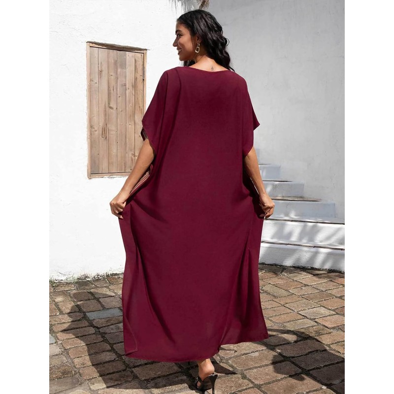 Bohemian maxi kaftan dress wine red gold geometric embroidery beach cover up