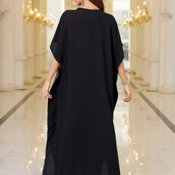Black Bohemian Plus Size Maxi Kaftan Dress with Gold Vine Embroidery - Beach Cover Up & Loungewear
