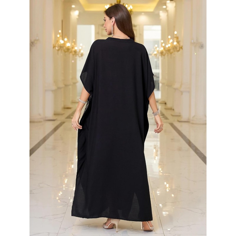 Black bohemian plus size maxi kaftan dress with gold vine embroidery