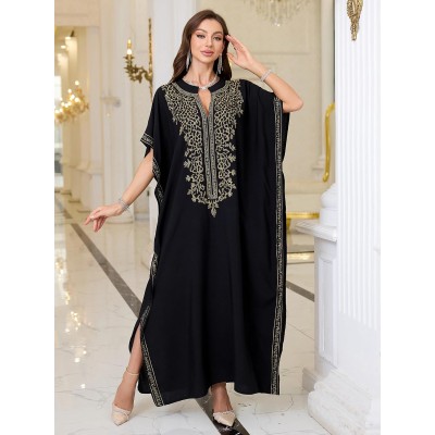 Black bohemian plus size maxi kaftan dress with gold vine embroidery
