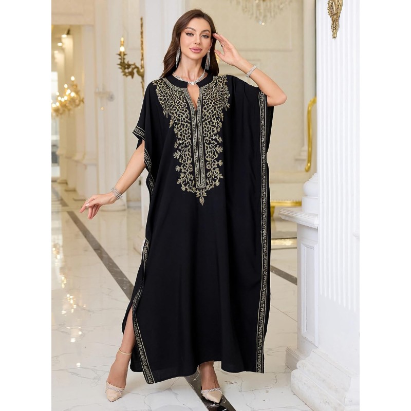 Black bohemian plus size maxi kaftan dress with gold vine embroidery