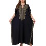 Black Bohemian Plus Size Maxi Kaftan Dress with Gold Vine Embroidery - Beach Cover Up & Loungewear