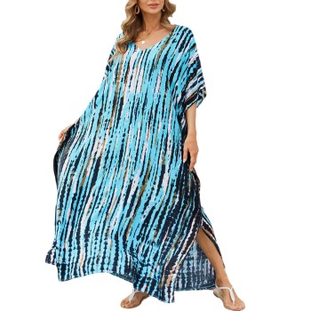 Plus Size Boho Kaftan Dress - Floral Swimsuit Cover Up with Batwing Sleeves