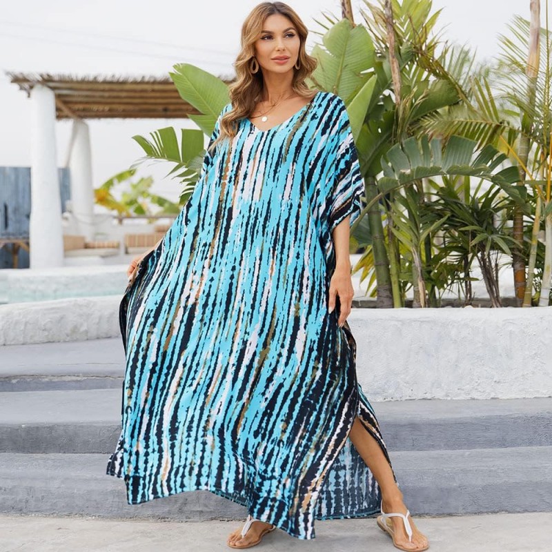 Plus size boho kaftan dress floral swimsuit cover up with batwing sleeves