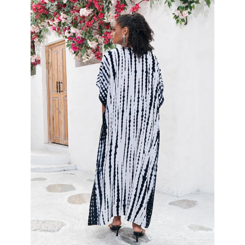 Plus Size Boho Kaftan Dress - Swimsuit Cover Up & Loungewear Woman in plus size boho kaftan dress on beach