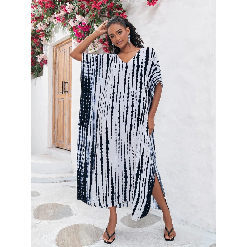 Plus Size Boho Kaftan Dress - Swimsuit Cover Up & Loungewear Woman in plus size boho kaftan dress on beach