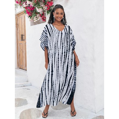 Plus Size Boho Kaftan Dress - Swimsuit Cover Up & Loungewear Woman in plus size boho kaftan dress on beach
