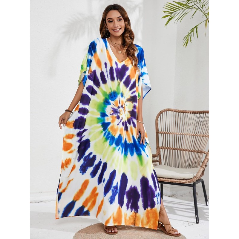 Bohemian Kaftan Dress - Geometric Swim Coverup Plus size bohemian kaftan dress with geometric print swim coverup for women