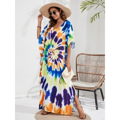 Bohemian Kaftan Dress - Geometric Swim Coverup Plus size bohemian kaftan dress with geometric print swim coverup for women