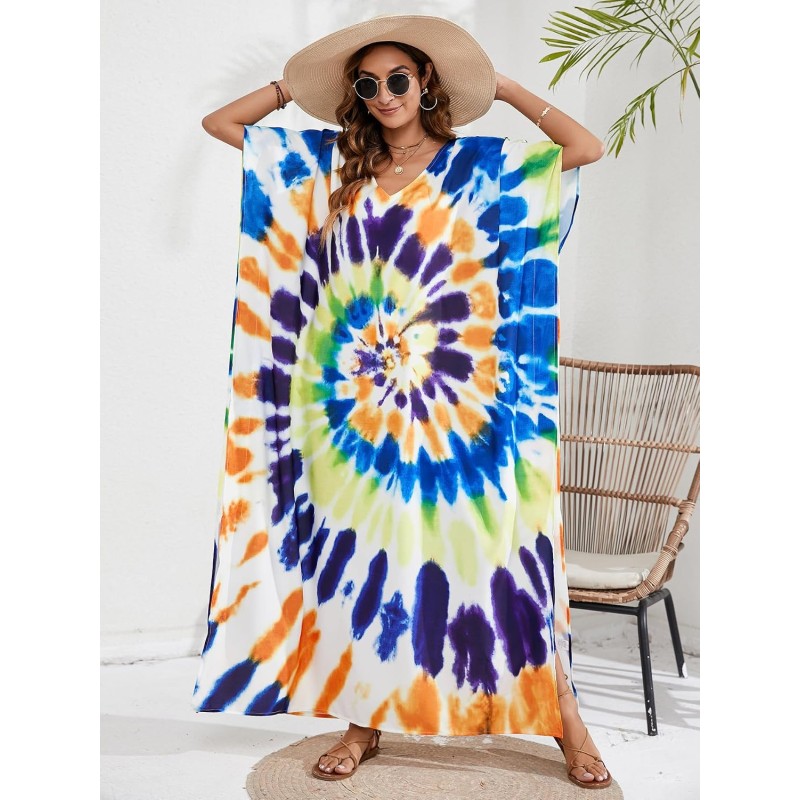 Bohemian Kaftan Dress - Geometric Swim Coverup Plus size bohemian kaftan dress with geometric print swim coverup for women