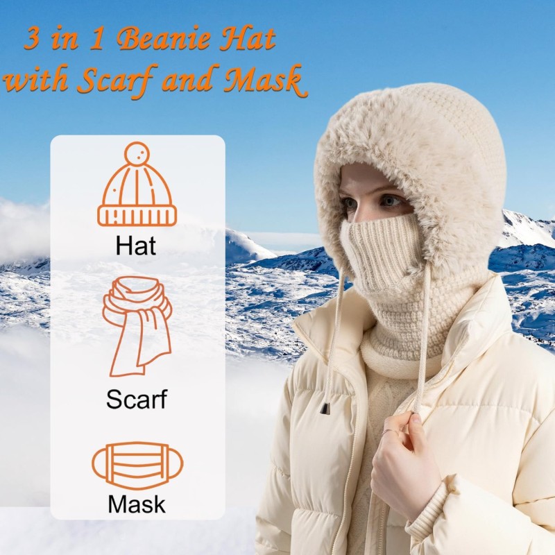Women's Fleece Lined Balaclava - Beige Color Women's winter knitted balaclava fleece lined hood neck warmer beige