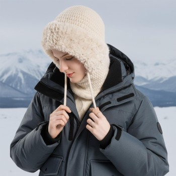 Women's Winter Knitted Balaclava - Fleece Lined One-Piece Hood & Neck Warmer, Beige Women's Winter Knitted Balaclava - Fleece Lined One-Piece Hood & Neck Warmer, Beige