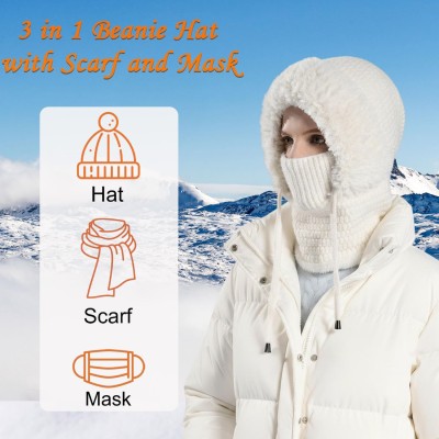 Women's Fleece-Lined Knitted Balaclava Hoodie - Cream White Winter Neck Warmer Women's fleece-lined knitted balaclava hoodie in cream white - winter neck warmer