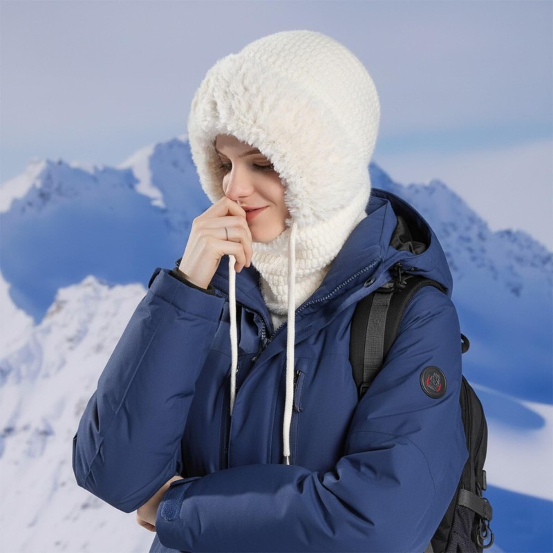 Women's Fleece-Lined Knitted Balaclava Hoodie - Cream White Winter Neck Warmer Women's fleece-lined knitted balaclava hoodie in cream white - winter neck warmer