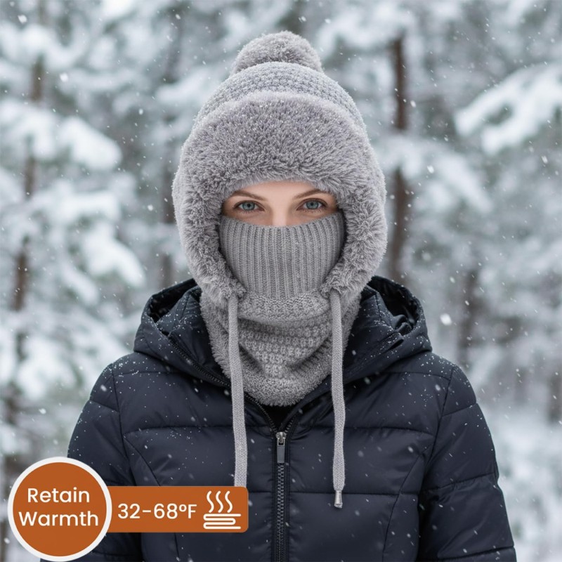 Gray fleece lined knitted balaclava hooded beanie for women