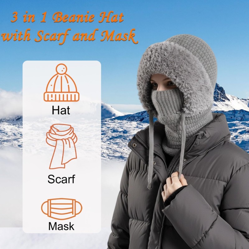 Gray fleece lined knitted balaclava hooded beanie for women