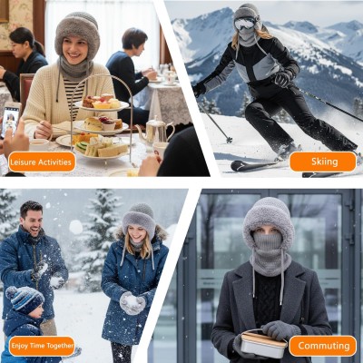 Gray fleece lined knitted balaclava hooded beanie for women
