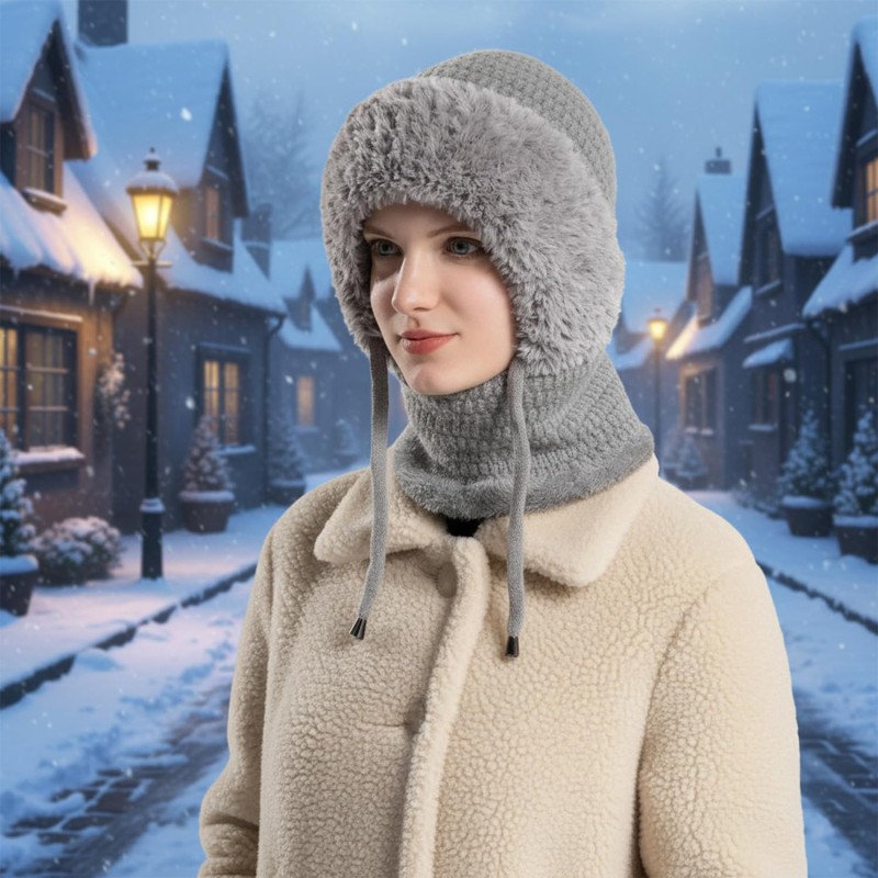 Gray fleece lined knitted balaclava hooded beanie for women