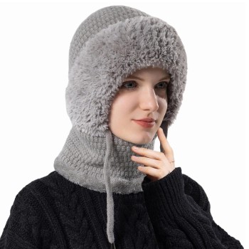 Women's Fleece Lined Knitted Balaclava Hooded Beanie Gray Winter Neck Warmer