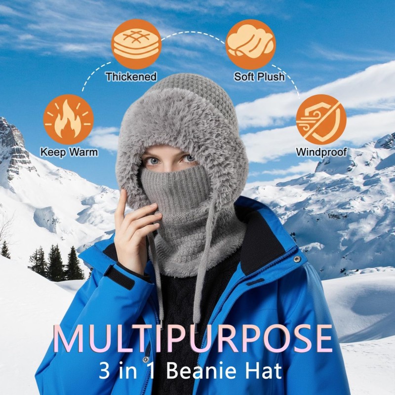 Gray fleece lined knitted balaclava hooded beanie for women