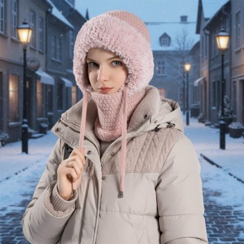 Women's Fleece Lined Knitted Balaclava Hooded Beanie - One Piece Neck Warmer, Pink Women's Fleece Lined Knitted Balaclava Hooded Beanie - One Piece Neck Warmer, Pink