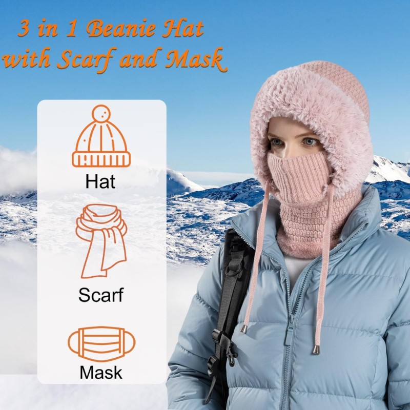 Women's Fleece Lined Knitted Balaclava Hooded Beanie - Pink Women's pink fleece lined knitted balaclava hooded beanie neck warmer