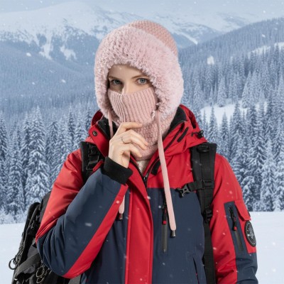 Women's Fleece Lined Knitted Balaclava Hooded Beanie - Pink Women's pink fleece lined knitted balaclava hooded beanie neck warmer
