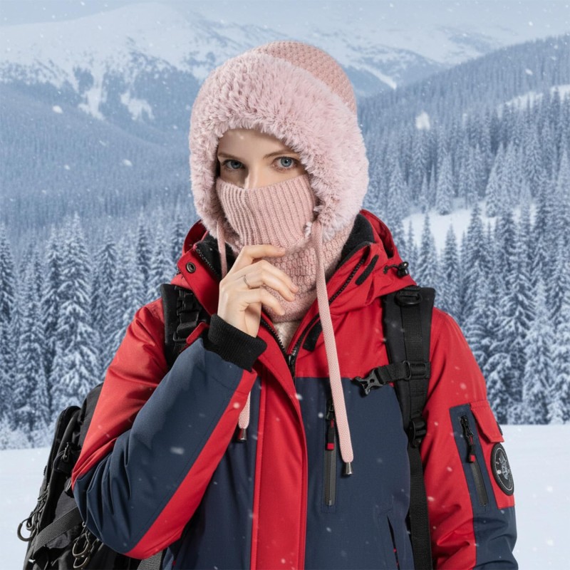 Women's Fleece Lined Knitted Balaclava Hooded Beanie - Pink Women's pink fleece lined knitted balaclava hooded beanie neck warmer