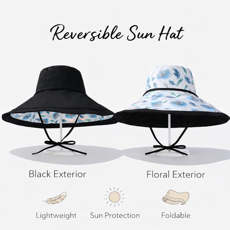 Women's reversible UPF 50+ sun hat with wide brim and wired edge