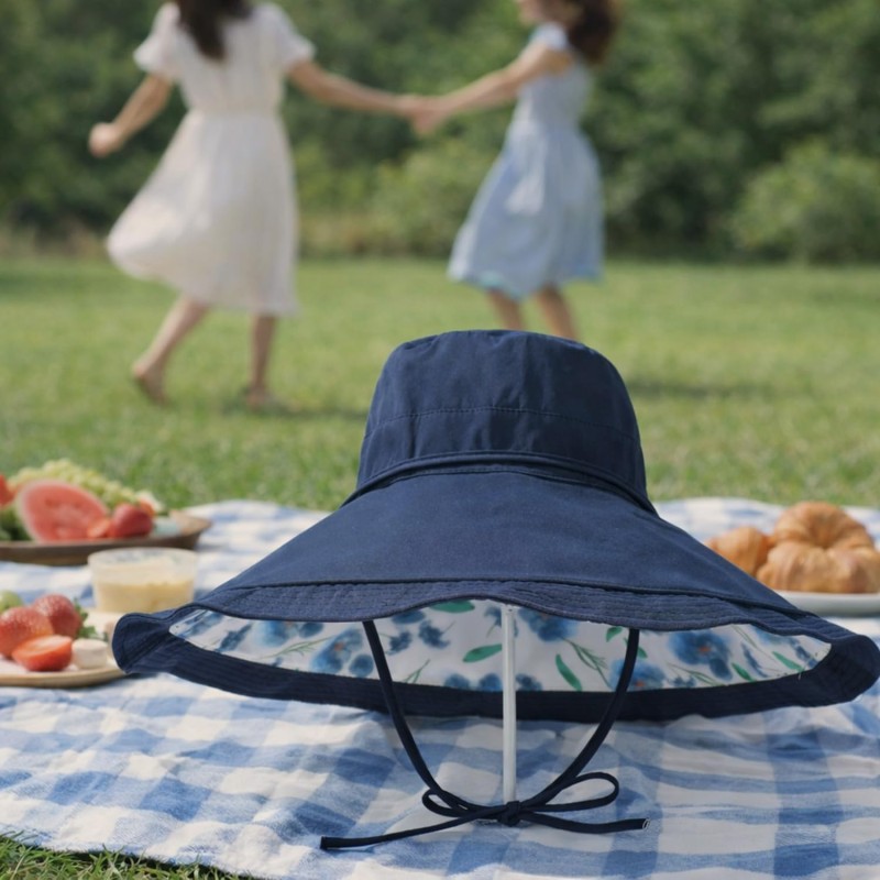 Navy reversible wide brim sun hat with UPF 50+ and wire edge
