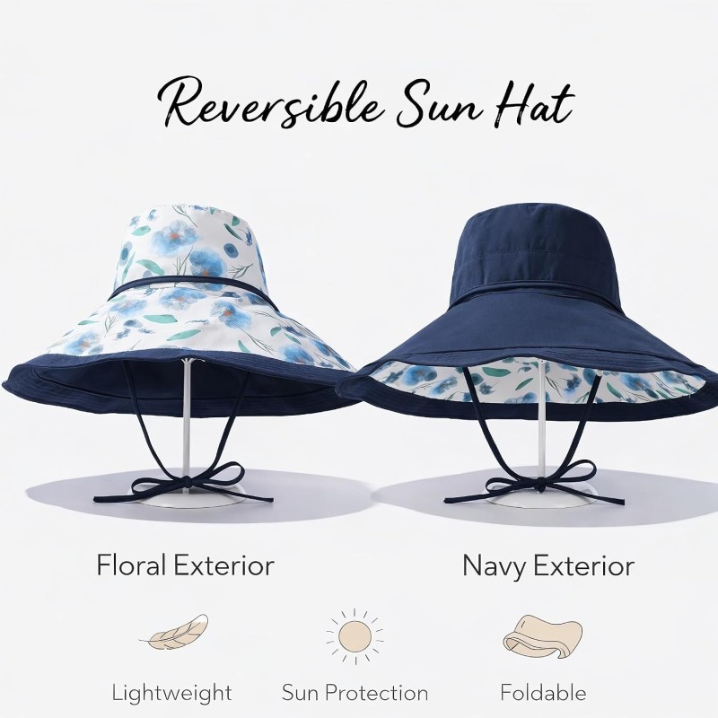 Navy reversible wide brim sun hat with UPF 50+ and wire edge
