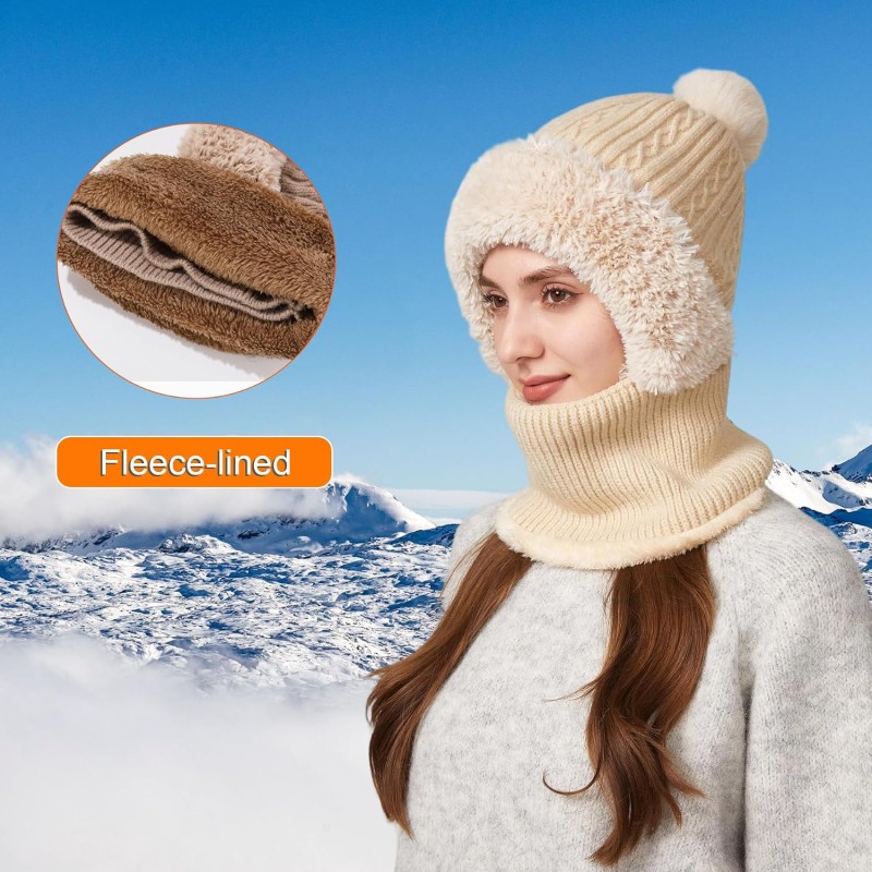 Beige Women's Fleece-Lined Knitted Balaclava Women's beige fleece-lined knitted balaclava winter neck warmer hat