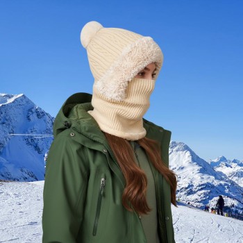 Women's Fleece-Lined Knitted Balaclava - One-Piece Winter Neck Warmer Hat (Beige) Women's Fleece-Lined Knitted Balaclava - One-Piece Winter Neck Warmer Hat (Beige)