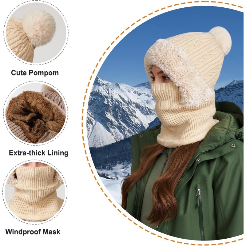 Beige Women's Fleece-Lined Knitted Balaclava Women's beige fleece-lined knitted balaclava winter neck warmer hat
