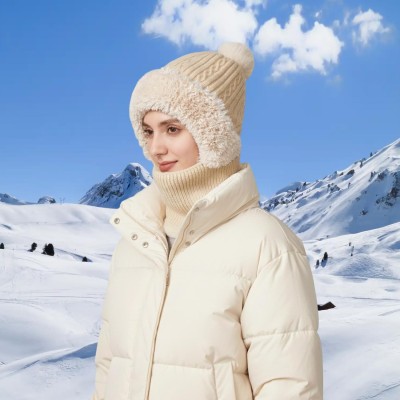 Beige Women's Fleece-Lined Knitted Balaclava Women's beige fleece-lined knitted balaclava winter neck warmer hat