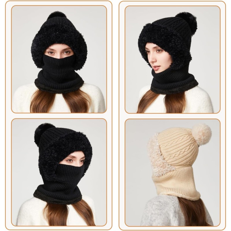Woman wearing a knitted fleece lined balaclava as hooded beanie and neck warmer in snowy winter