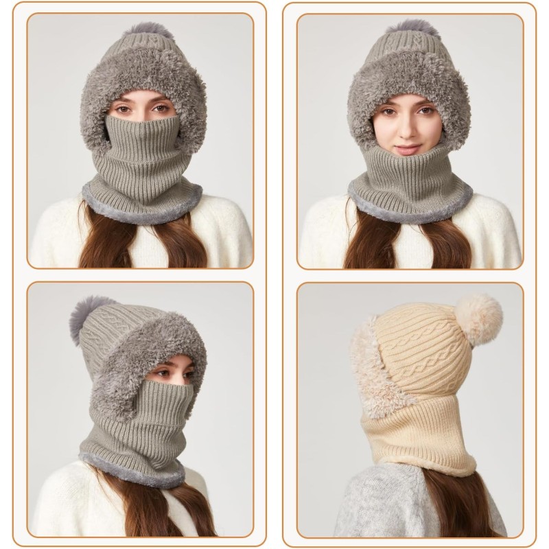 Women wearing fleece lined knitted balaclava winter hood neck warmer