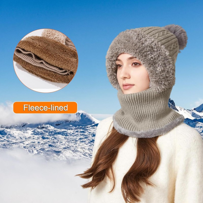 Women wearing fleece lined knitted balaclava winter hood neck warmer