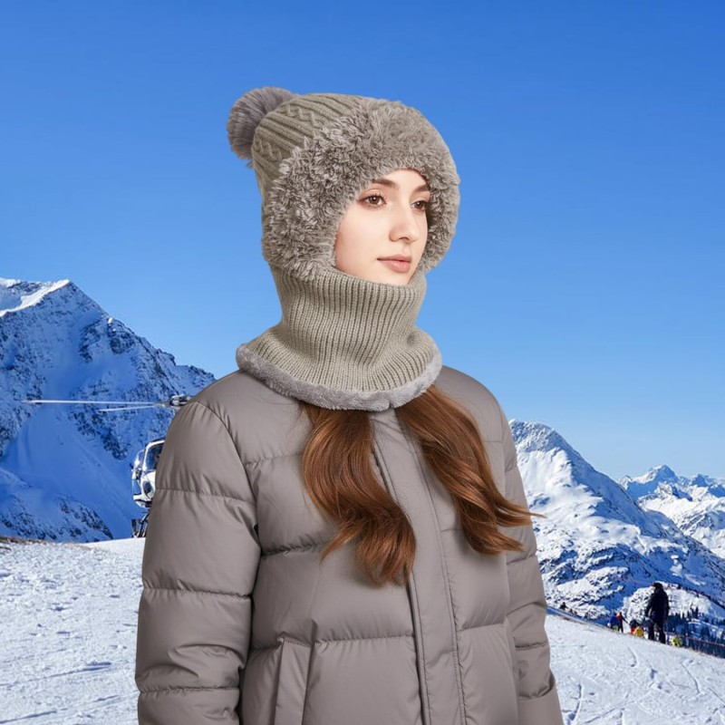 Women wearing fleece lined knitted balaclava winter hood neck warmer
