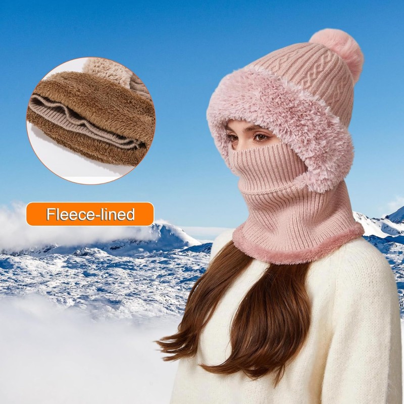 Women wearing pink fleece-lined knitted balaclava with hood and neck warmer