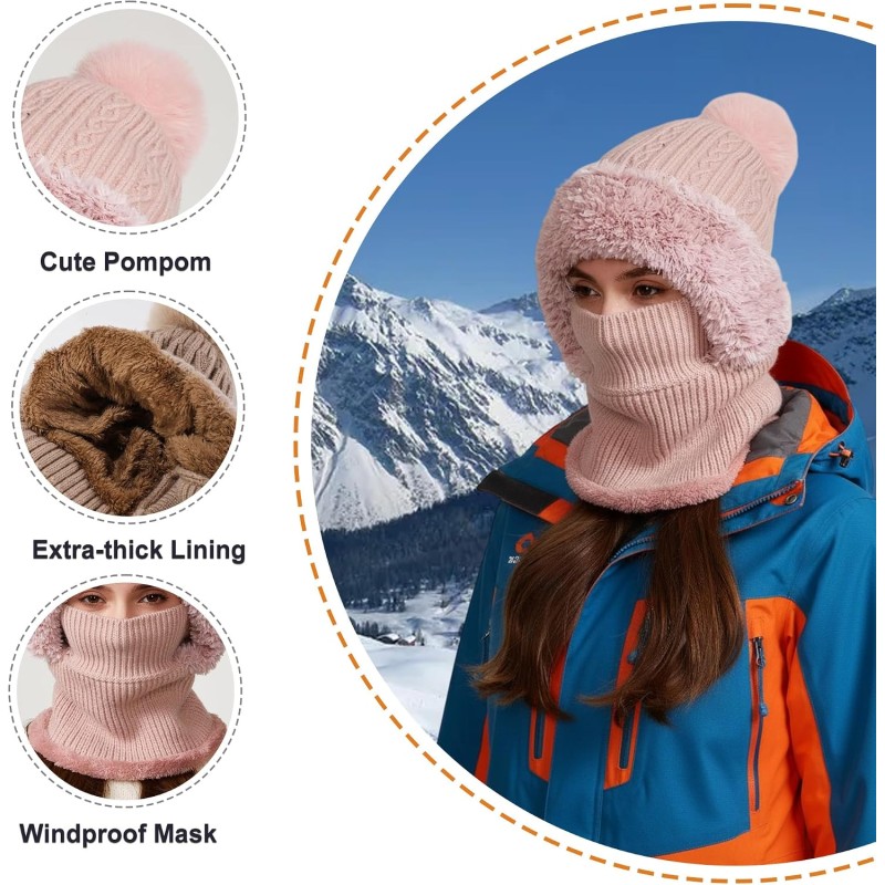 Women wearing pink fleece-lined knitted balaclava with hood and neck warmer