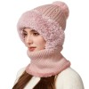 Women's Fleece-Lined Knitted Balaclava One-Piece Hooded Beanie & Neck Warmer Winter Pink