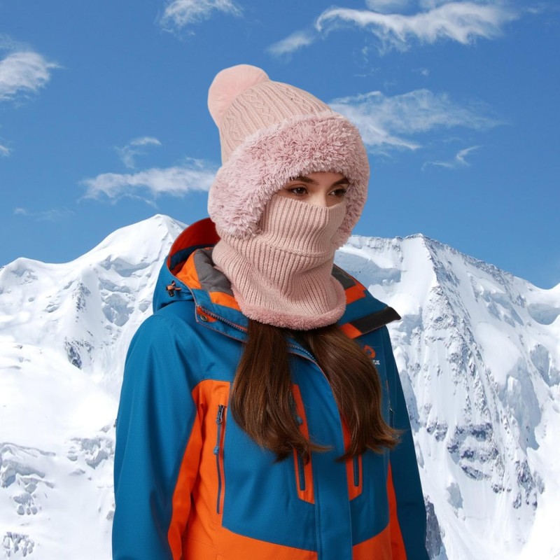 Women wearing pink fleece-lined knitted balaclava with hood and neck warmer